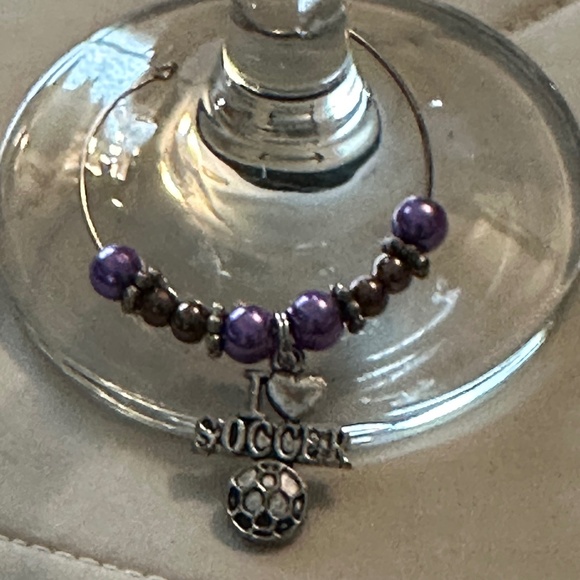 3/$15 Wine glass tag – stainless steel hoop, purple/mocha beads, soccer charm - Picture 10 of 11
